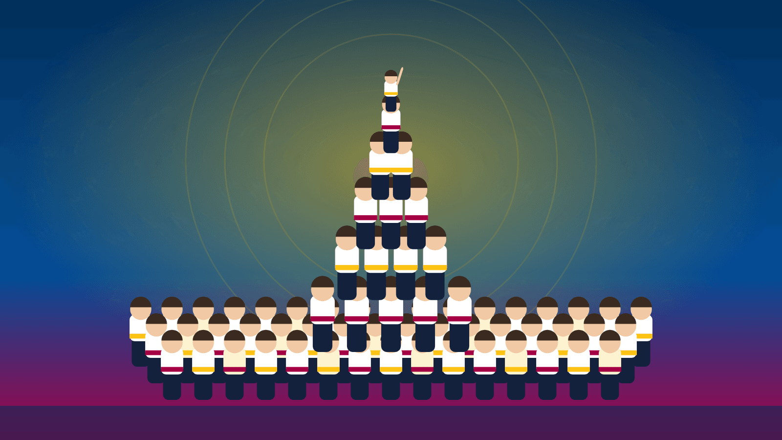 Ilustración de un castell, una torre humana, en los colores de la peña